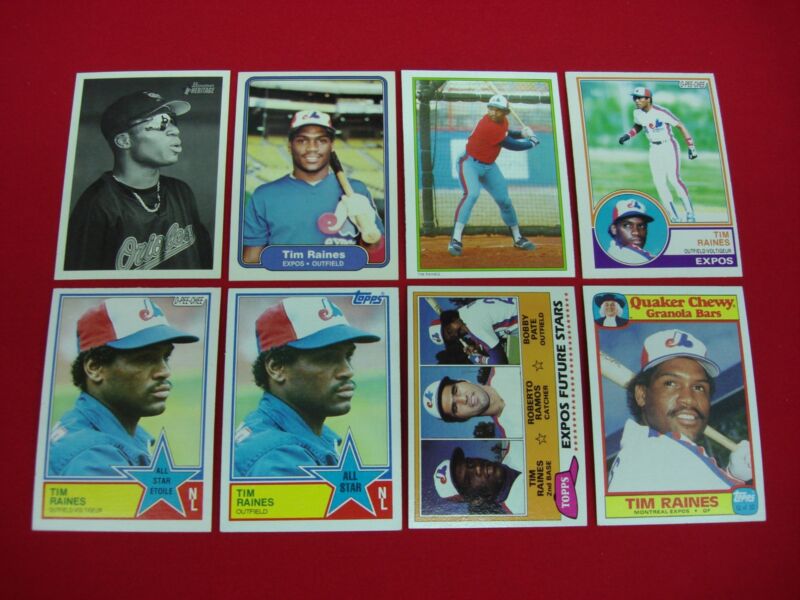 Collection of Tim Raines baseball cards from his early career, including a card of his son Tim Raines Jr.