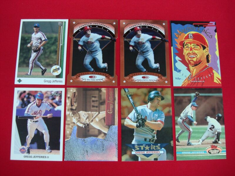 Greg Jefferies baseball card lot of 8, including a rookie card, parallels, foils and inserts