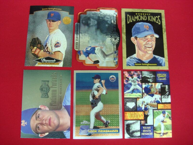 Collection of six Jason Isringhausen baseball cards, including a 1996 Donruss Diamond Kings Gold insert