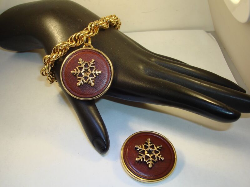 Vintage Faux Leather & Gold Snowflake Bracelet & Pin Set