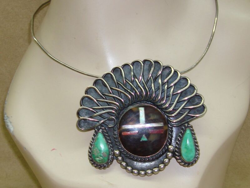 Vintage Signed Navajo Dee Morris Sterling Silver & Turquoise Pendant Necklace