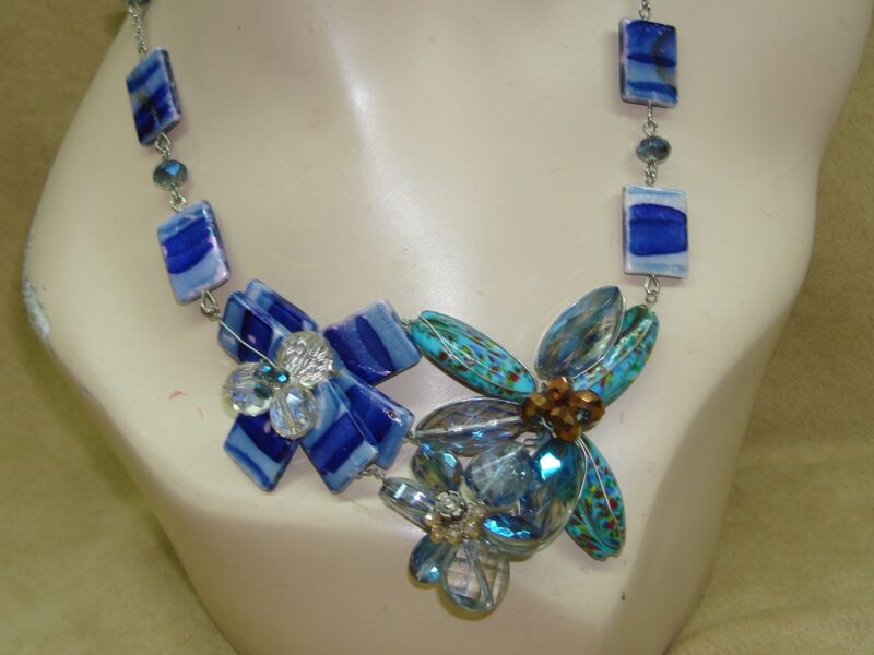 Vintage blue art glass and crystal statement necklace