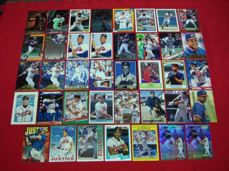 Collection of 39 Dave Justice baseball cards, including parallels, inserts, and rookie cards