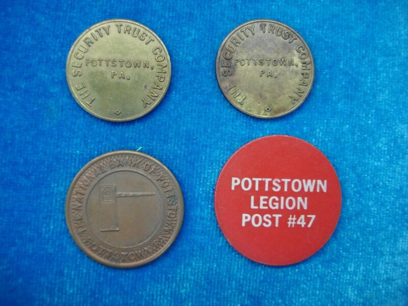 Set of vintage parking tokens from Pottstown, PA, featuring Security Trust Co., National Bank & Trust, and Legion Post #47