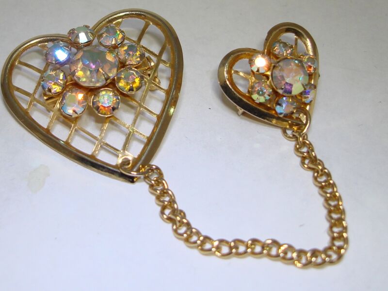 Vintage 1960s Aurora Borealis Rhinestone Heart Pin Set