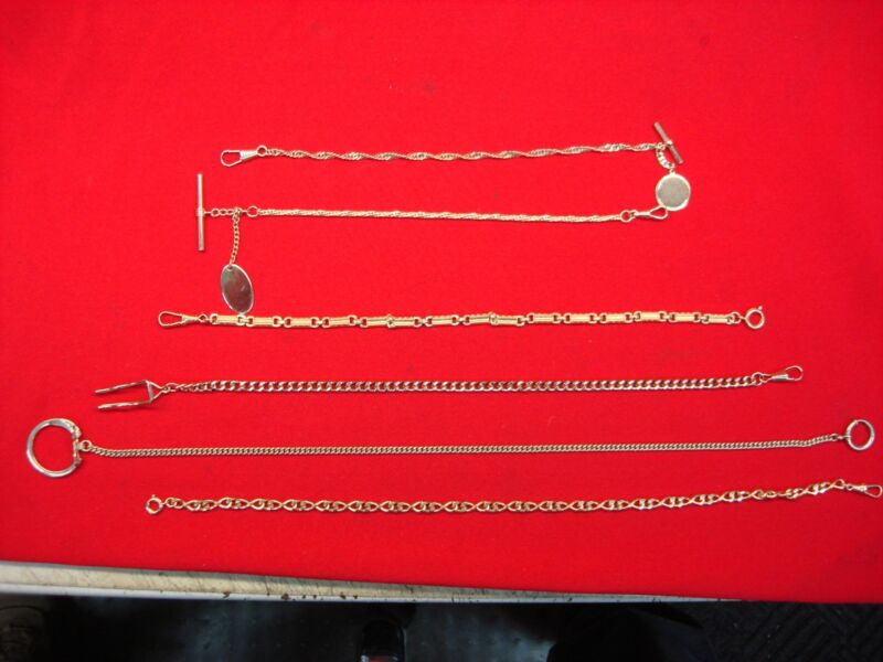 Vintage gold-plated pocket watch chains, lot of 6, assorted lengths