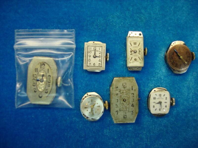 Collection of 7 vintage stem-wind watch movements from gold cased watches
