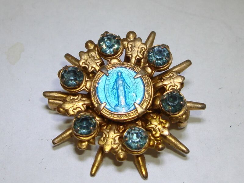 Vintage 1940s-50s gold tone Blessed Mother Mary rhinestone pin with fleur-de-lis accents