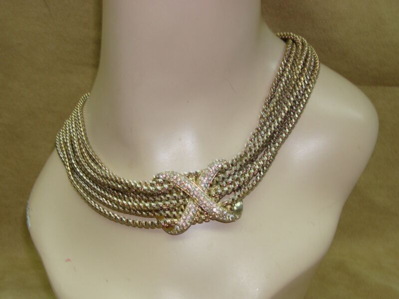 Vintage 90s gold-tone 8 strand choker necklace with rhinestone X pendant