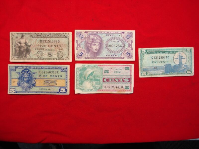 Vintage set of five (5) circulated US Military Payment Certificates, each worth 5 cents. Series include 461, 472, 521, 641, 661, and 681.