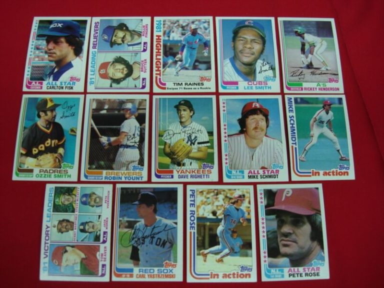Vintage 1982 Topps baseball cards featuring Schmidt, Rose, Fisk, Yaz and more.