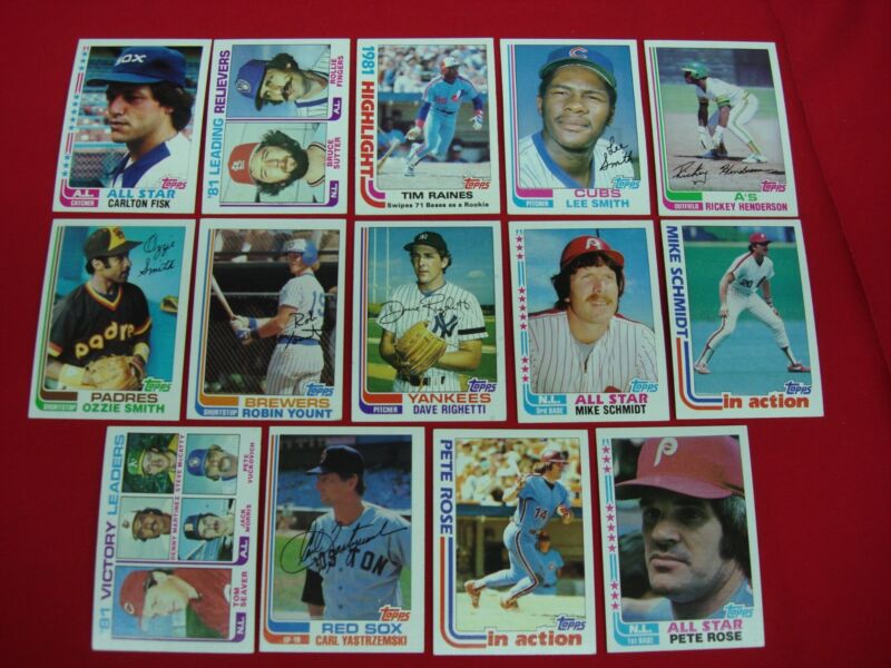 Vintage 1982 Topps baseball cards featuring Schmidt, Rose, Fisk, Yaz and more.