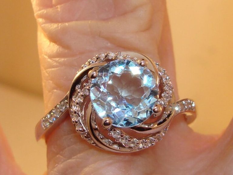 Sterling silver blue topaz and diamond accent halo ring, size 9