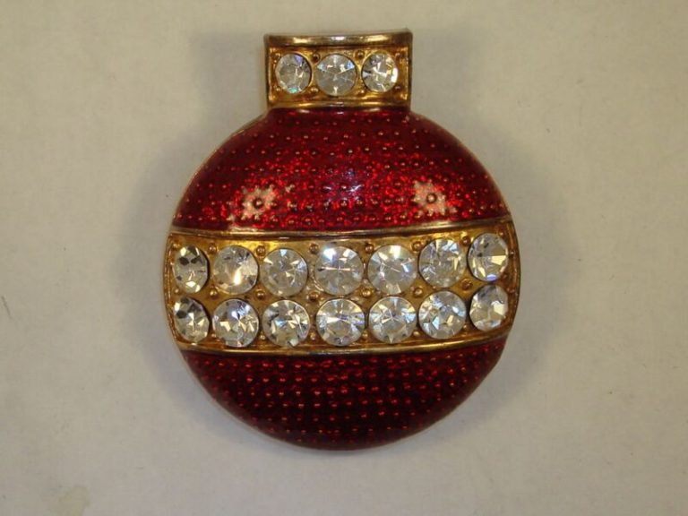 Vintage Eisenberg Ice enamel Christmas brooch pin with sparkling stones and red enamel