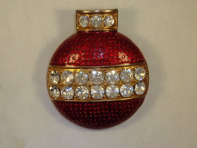 Vintage Eisenberg Ice enamel Christmas brooch pin with sparkling stones and red enamel