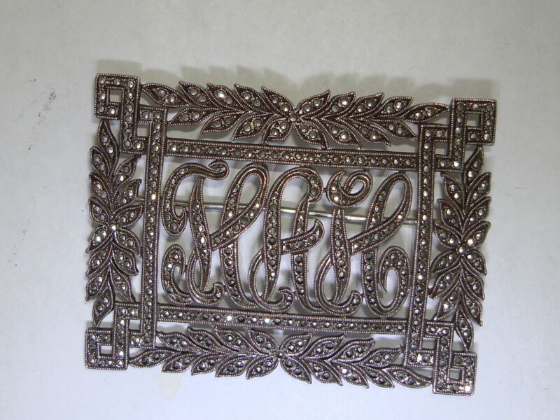 Vintage Sterling Silver Marcasite Filigree Initial Brooch (HAH)