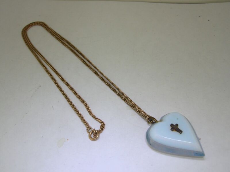 Vintage Lucite Heart Necklace with Cross, Gold-Filled Chain (1940s-50s)
