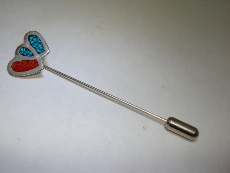 Vintage Mexican sterling silver heart stick pin with coral and turquoise inlay