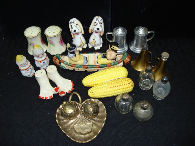 Vintage salt and pepper shaker set of 10 featuring various designs and origins, including Occupied Japan, Austria, and more.