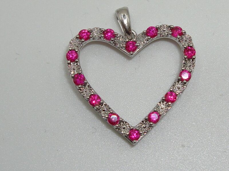Vintage JWBR Sterling Silver Heart Pendant with Hot Pink Topaz & Diamond Accents