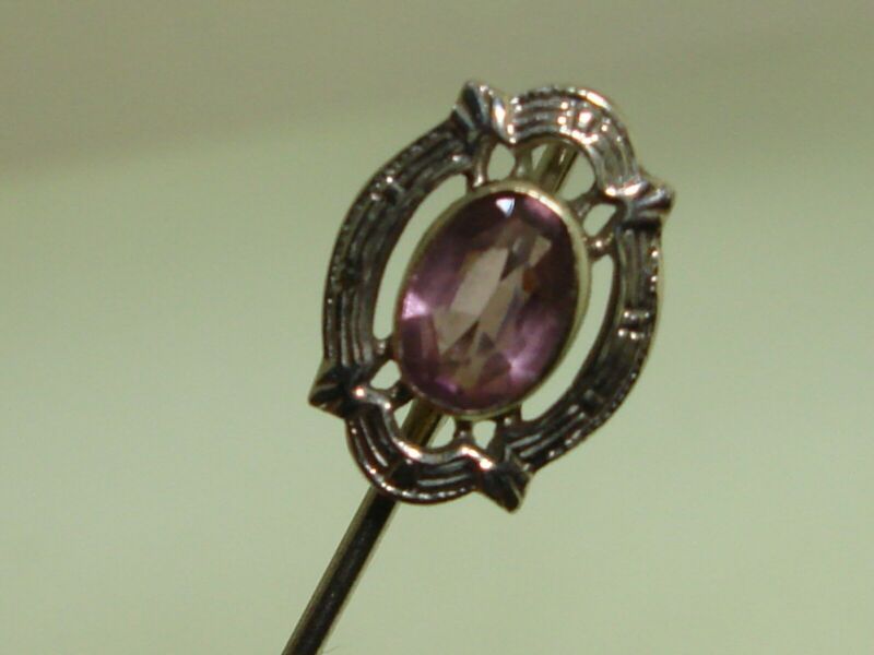 Antique Art Deco 10K gold filigree amethyst stick pin, vintage estate jewelry