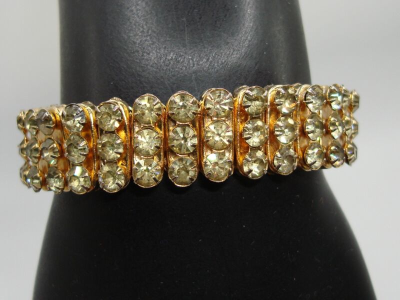 Vintage 1950s foiled rhinestone stretch bracelet, British Hong Kong, lime green