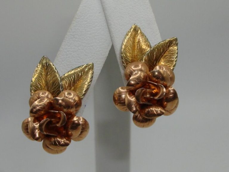 Vintage Krements rose and green gold-filled flower screw back earrings