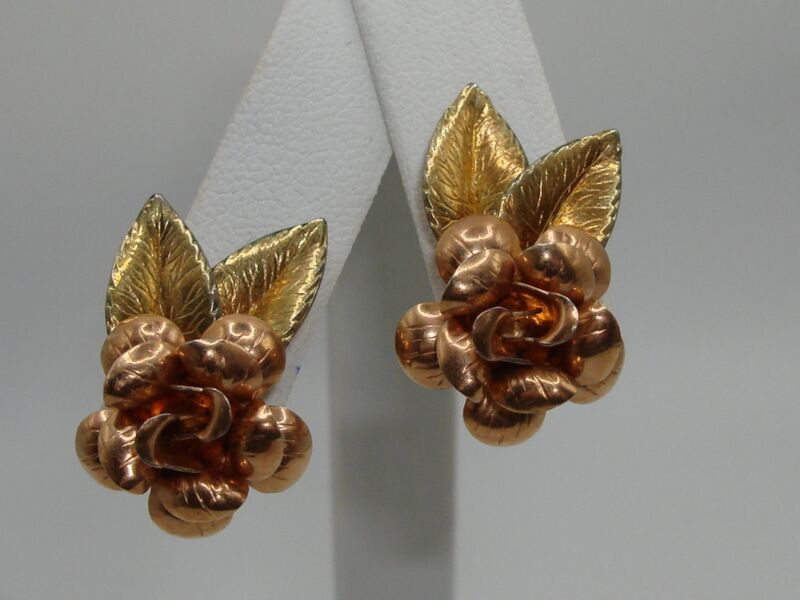 Vintage Krements rose and green gold-filled flower screw back earrings