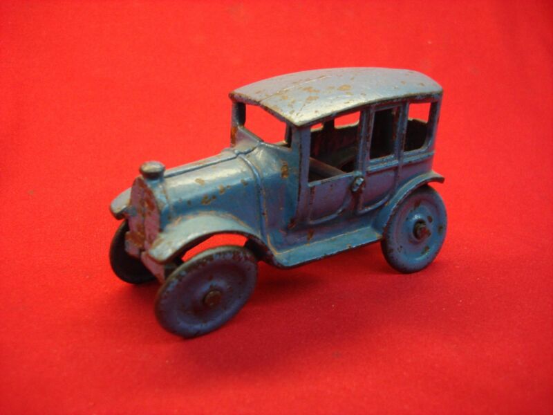 Vintage slate blue cast iron 3-window sedan toy car, collectible