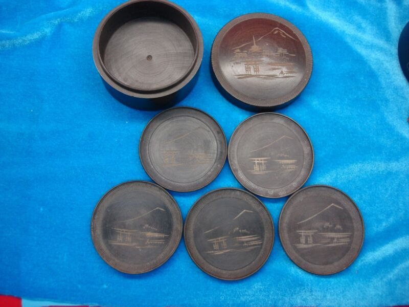 Vintage Japanese Solid Wood Coaster Set of 5 with Lidded Container