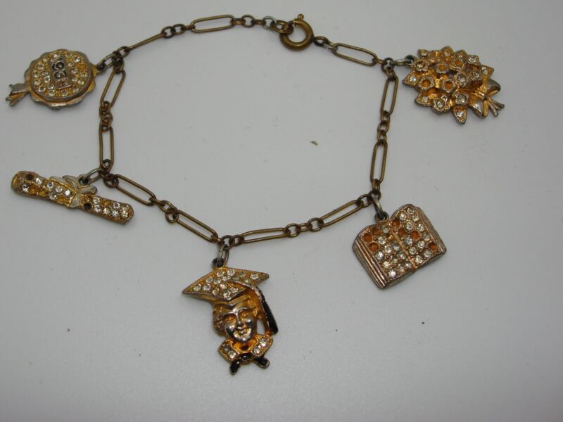 Vintage 1938 Graduation Charm Bracelet with Five Unique Rhinestone Charms