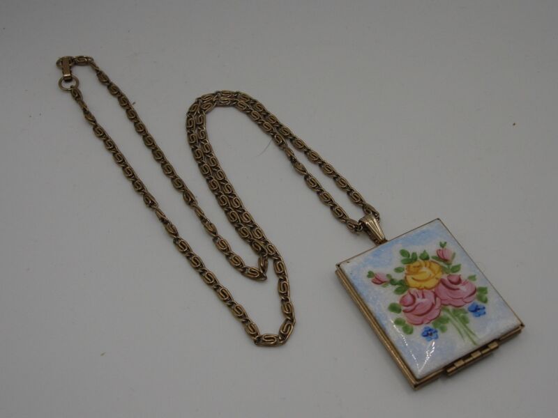 Vintage 1950s guilloche enamel locket necklace with two picture compartments