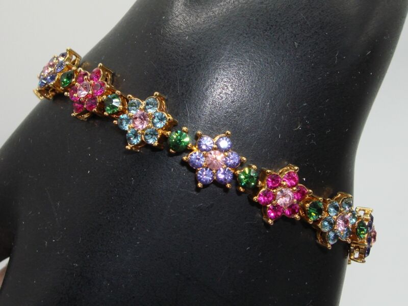 Vintage Joan Rivers Sparkling CZ Bracelet - Gold-Tone, Hot Pink & Aqua (7.5 inch)
