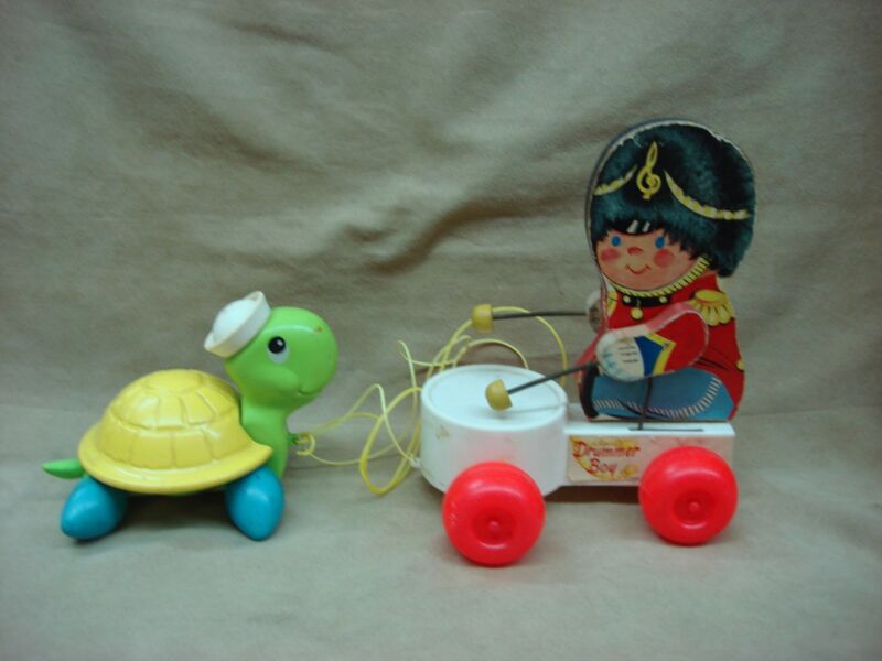 Vintage 1970s Fisher-Price Drummer Boy and Turtle Pull Toys
