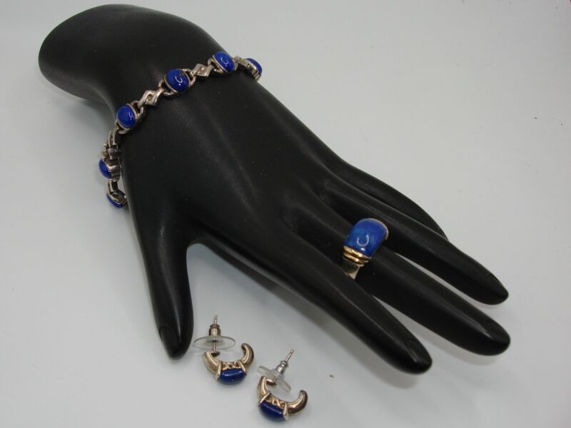 Sterling Silver Lapis Lazuli Bracelet, Ring & Earrings Set - Size 6.5