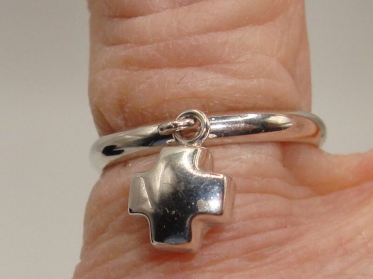 14K White Gold Dangling Byzantine Cross Ring (Size 5)