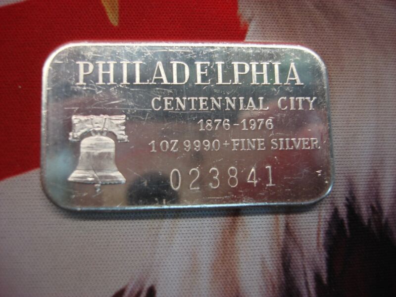 Philadelphia Centennial City 1876-1976 Silver Bar (.999 Fine, 1 Troy Oz)