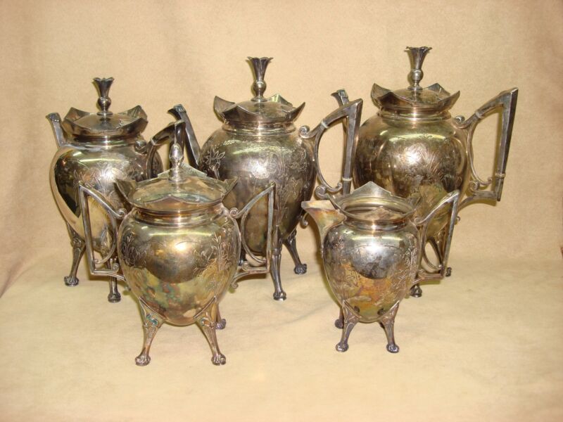 Antique Victorian Rogers Bros. Triple Plate Silver Set (1884) - 5pc Embossed Coffee & Tea Service
