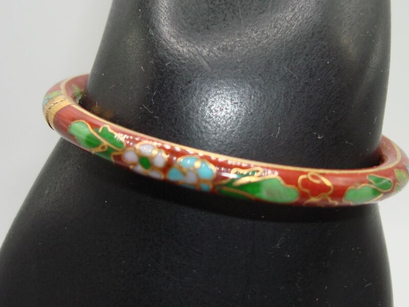 Vintage petite cloisonne enamel bangle bracelet with floral design and gold accents