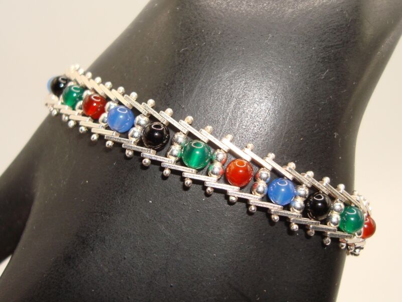 MILOR Italy Sterling Silver Gemstone Bracelet (Red, Blue, Green, Black) - 7