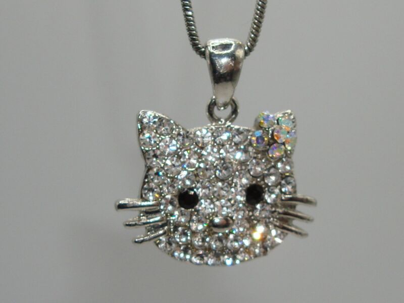 Charming Miss Kitty CZ pendant necklace, pre-owned, 9.4g, aurora borealis details