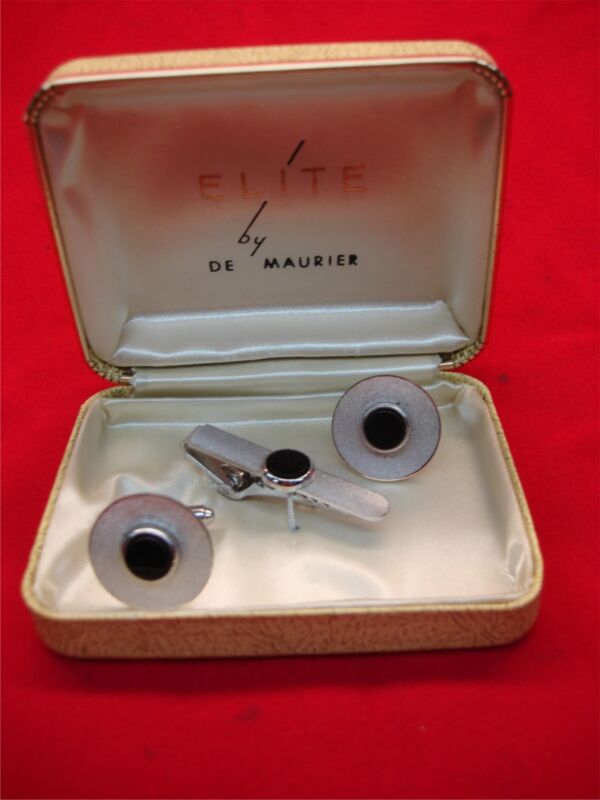 Vintage De Maurier Elite Onyx Cufflinks & Tie Clip Set - Never Worn - Original Box