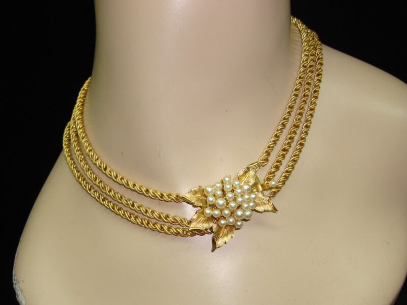 Vintage Crown Trifari 3 Strand Franco Chain Choker Necklace w/Faux Pearl Clasp