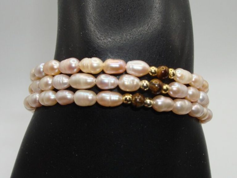 Vintage Freshwater Pearl & Tiger's Eye Memory Wire Bracelet - Gold Accents