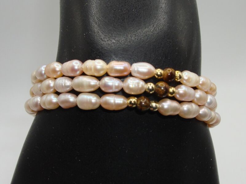 Vintage Freshwater Pearl & Tiger's Eye Memory Wire Bracelet - Gold Accents