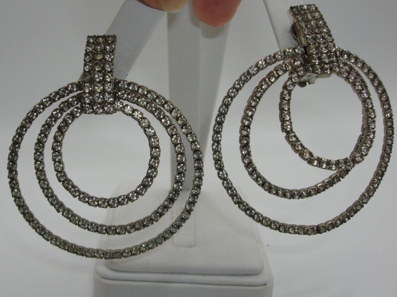 Vintage silver rhinestone hoop clip-on earrings