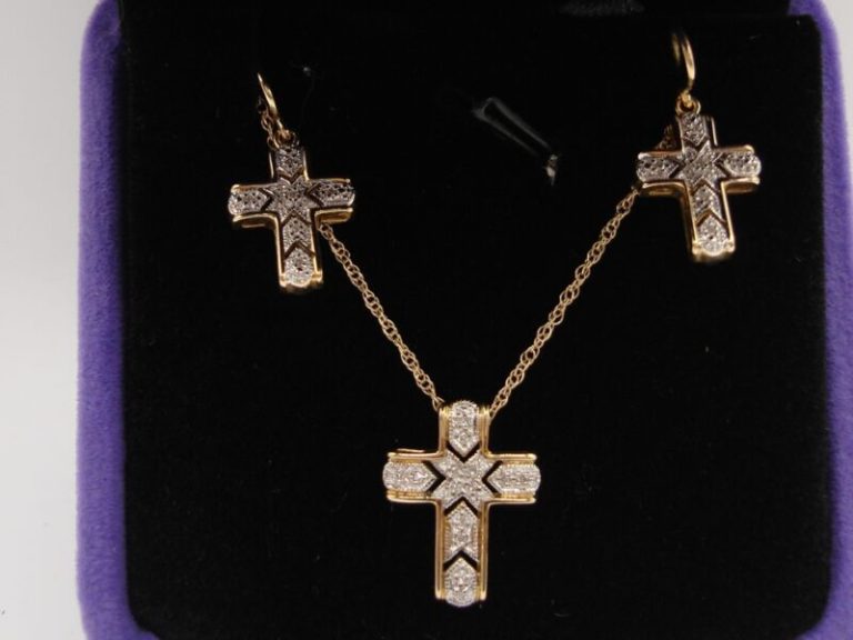 14K gold diamond cross necklace and earring set
