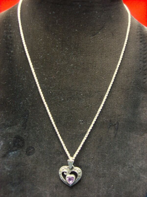 Sterling Silver Amethyst Heart Necklace with Marcasites - Vintage 925