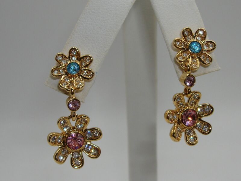 Vintage Joan Rivers Sparkling CZ Dangle Earrings - Pink & Blue Floral Design