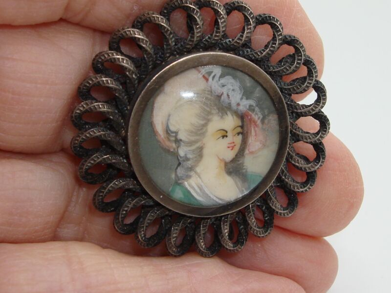Antique Sterling Silver Brooch with Hand-Painted Miniature Portrait Under Glass